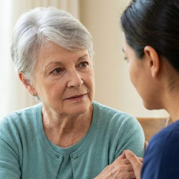 An elderly woman with gray hair looks up from a table, smiling gently as her hand rests reassuringly on top of a caregiver’s hand, indicating connection and a consistent, comforting daily routine within a warm Naples, Florida home environment.