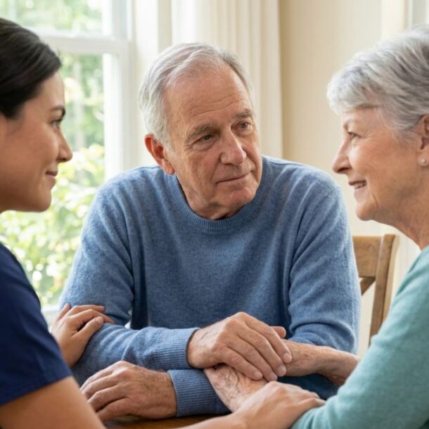 older couple speaking with nurse in their home