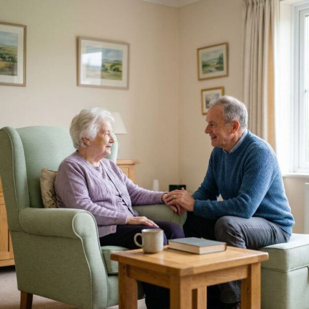 A close-up view focuses on the calm expression of an older woman with gray hair as she listens attentively, her gaze directed toward a caregiver off-camera whose reassuring hand rests gently near her arm in a quiet, naturally lit Naples home.
