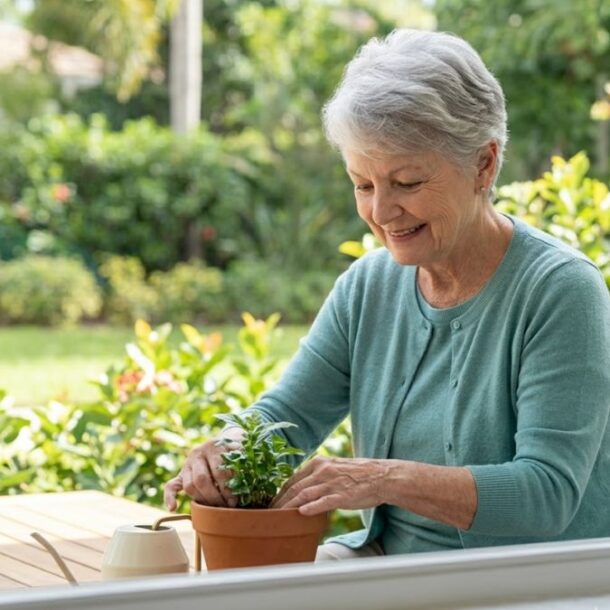 older woma smiling while gardening